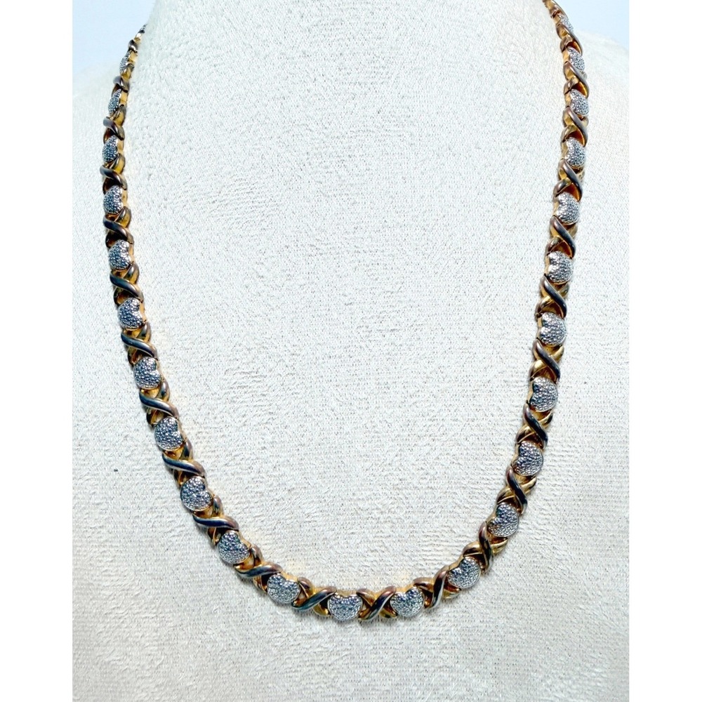Two Tone Silver Gold Heart Link Necklace Rhinestone Accents 18"